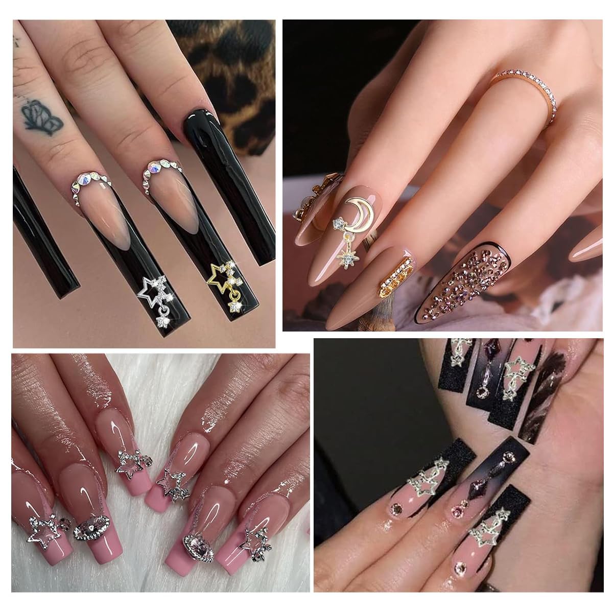 120+ Pcs Star Nail Charms Inlaid Rhinestones Gems, Silver Star Planet Cross Nail Art Decorations Shiny Jewelry for Acrylic Nail Accessories for Women Girl Manicure DlY Crafts Supplies-GlimoraGlow