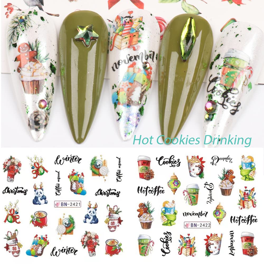 12 Sheets Christmas Nail Art Stickers Snowflake Water Transfer Nail Decals Holographic Gingerbread Man Snow Trees Winter Design Watermark Nail Foils Stickers for Women Xmas Nail Decorations-GlimoraGlow