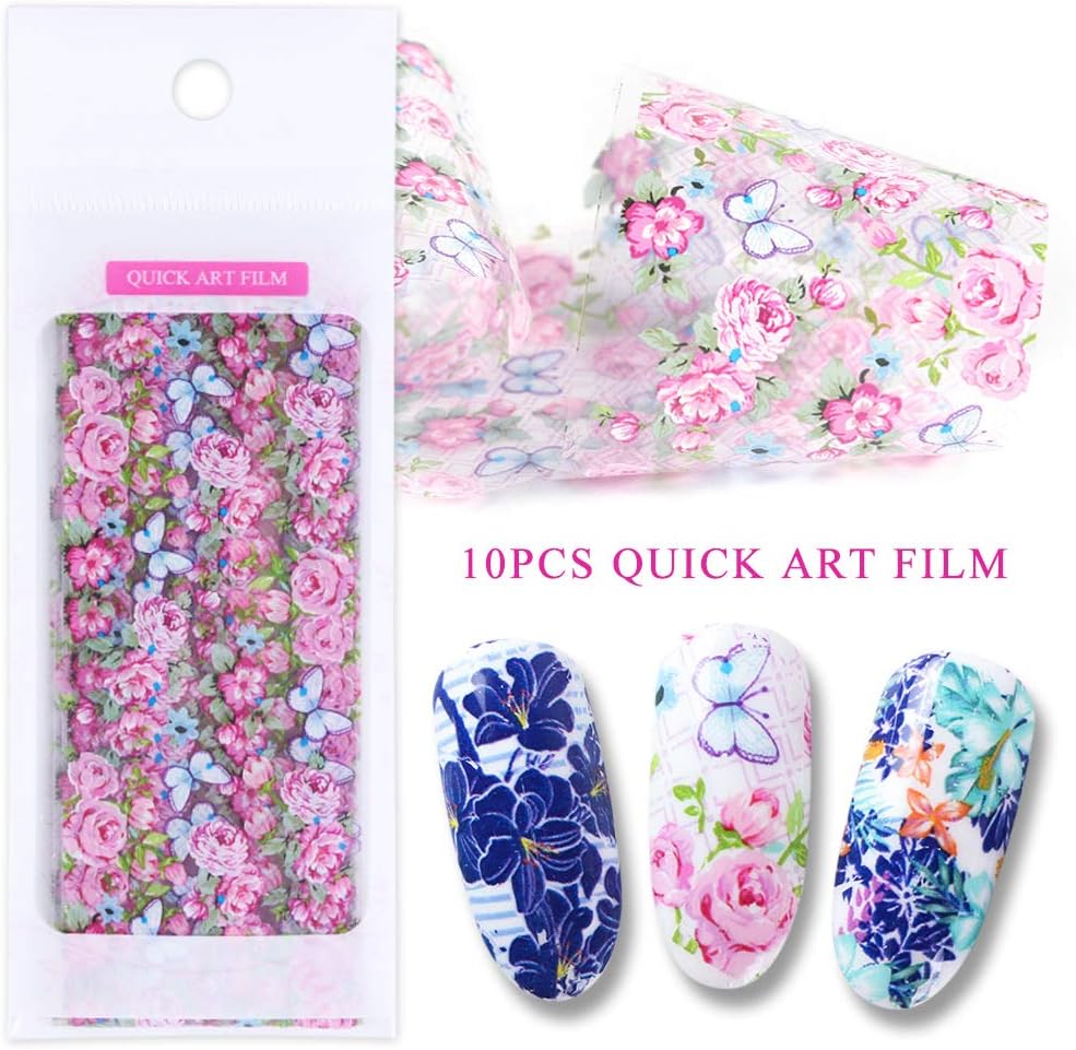 10 Sheets Flower Nail Transfer Foils Holographic Nail Foil Colorful Flower Stickers for Nails Decoration Starry Sky Manicure Transfer Tips Butterflies Nail Art DIY for Women Girls-GlimoraGlow