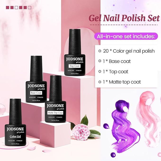 JODSONE 20 Glitter Color Gel Nail Polish Kit 3 Bottles of No Wipe Base Coat Glossy and Matte Top Coat Gel Polish Set High Shine Gorgeous-GlimoraGlow