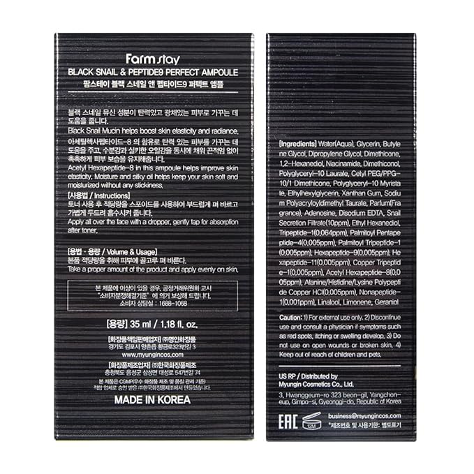 Farmstay Black Snail & Peptide9 Perfect Ampoule, Korean Snail Mucin Serum for Elastic & Glow Skin, Boosting Radiance & Repairing Skin Barrier Serum, for Women & Men, Korean Skin Care, 1.18 Fl. Oz.-GlimoraGlow