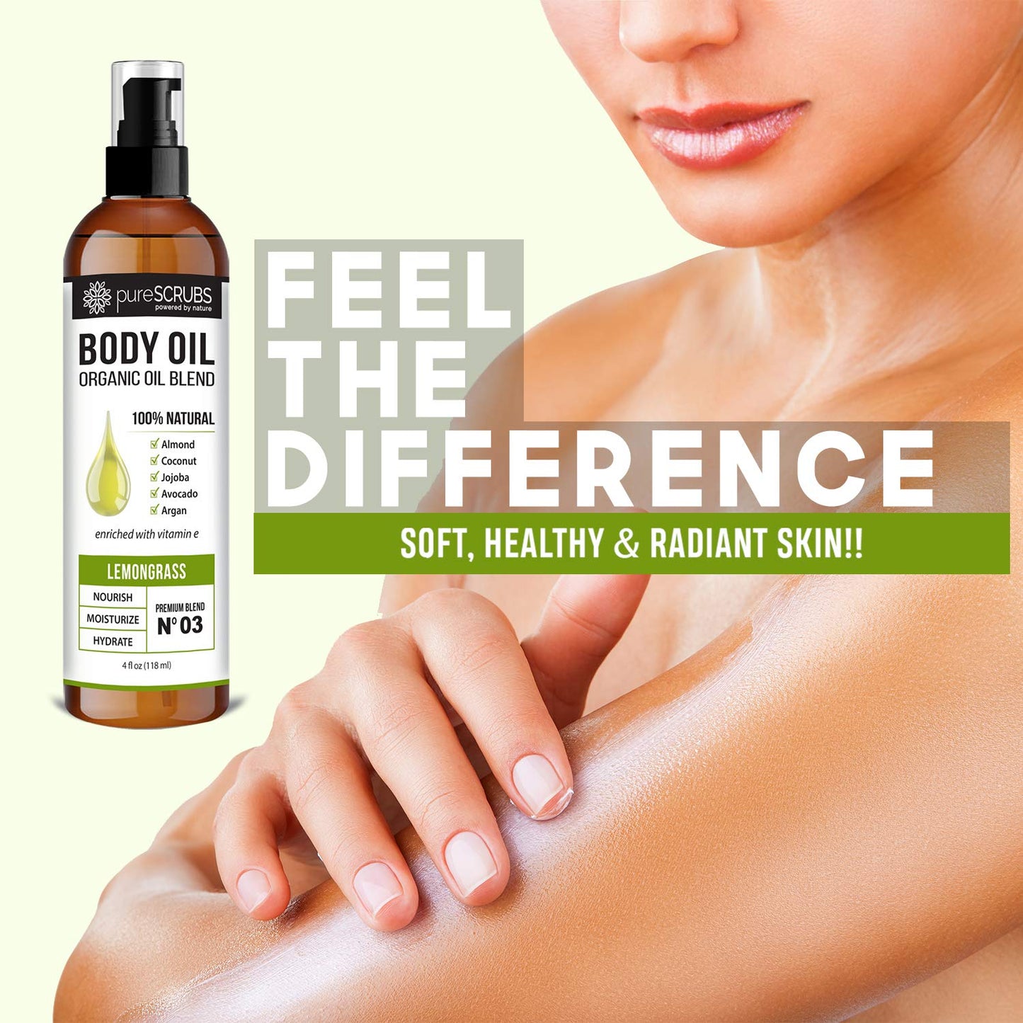 pureSCRUBS Ultra Moisturizing Lemongrass Body Oil Spray for Dry Skin, Massage, & More, Organic Super Blend of Jojoba, Argan, Coconut, Sweet Almond & Avocado Oils Enriched with Vitamin E, Lg 4oz-GlimoraGlow