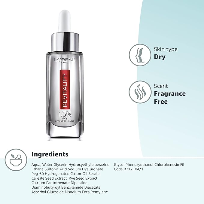L'Oreal Paris Revitalift 1.5% Pure Hyaluronic Acid Face Serum, Hydrate & Reduce Wrinkles, Fragrance Free 1.7 oz-GlimoraGlow
