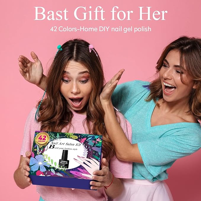 JEWHITENY 45PCS Gel Nail Polish Kit, 42 Colors 5ML Gel Polish Nude Gray Pink Blue Soak Off Glitter Nail Art Starter Kit Beauty Gifts Set for Women Girls Valentines Mother's Day Gift-GlimoraGlow