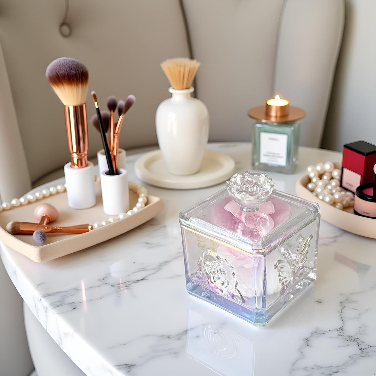 Body Powder Puff and Container - Glass Dusting Powder Container with 2 Soft Puffs – Vintage Powder Puff Case for Women & Girls (3.74x3.74x4.53 H in)- GRB013-Multi-GlimoraGlow