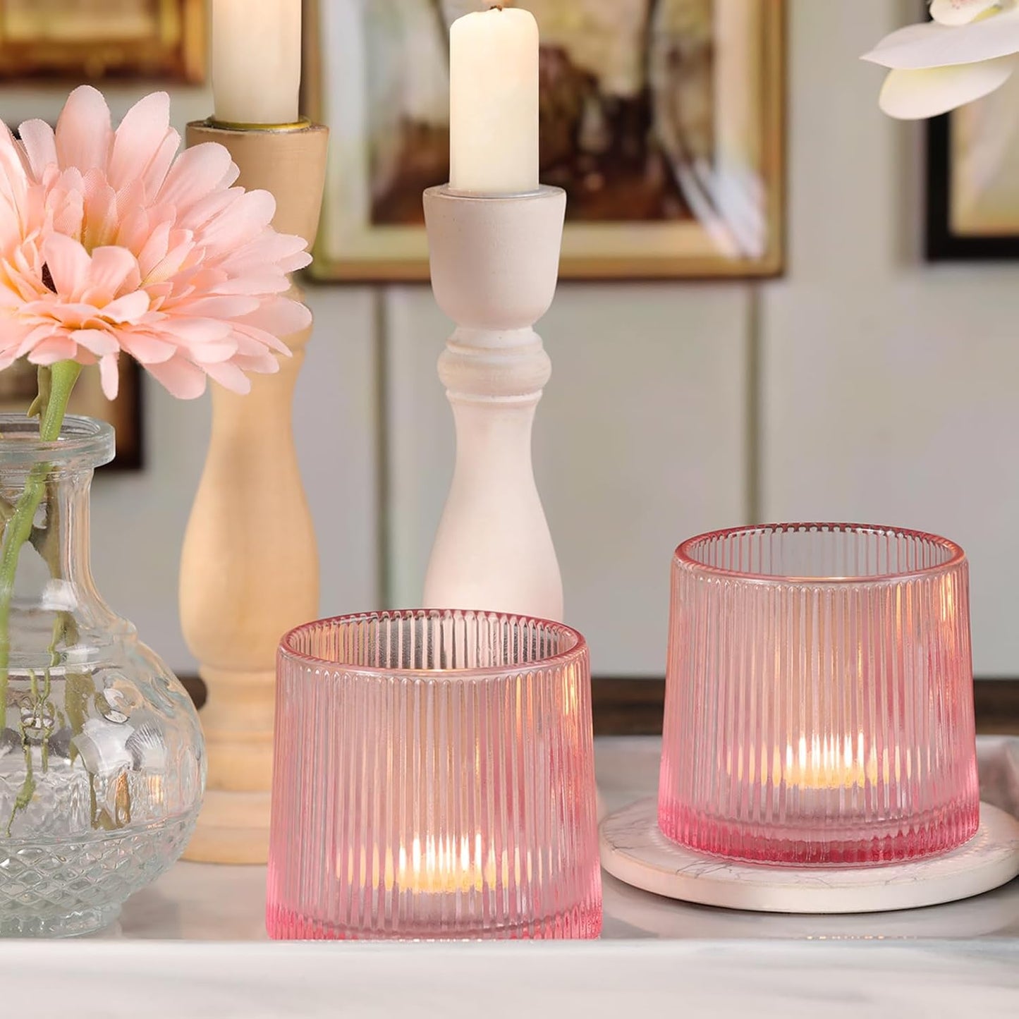 Pink Ribbed Tealight Votive Candle Holders- 6Pack Glass Candle Holders for Table Centerpiece, Home Decor, Wedding Decor, Party Dinner