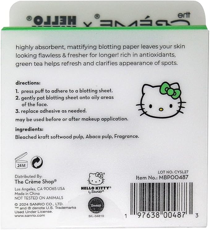 The Crème Shop x Hello Kitty Matcha Blotting Papers + Reusable Compact Mirror - Hello Kitty Collaboration for Oil Control and On-the-Go Touch-ups (Matcha Color Ribbon)-GlimoraGlow