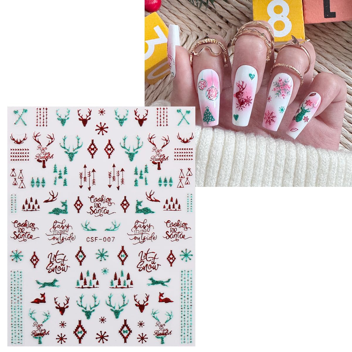 JMEOWIO 9 Sheets Christmas Glitter Nail Art Stickers Decals Self-Adhesive Green Red Snowflake Winter Holiday Nail Supplies Nail Art Design Decoration Accessories-GlimoraGlow