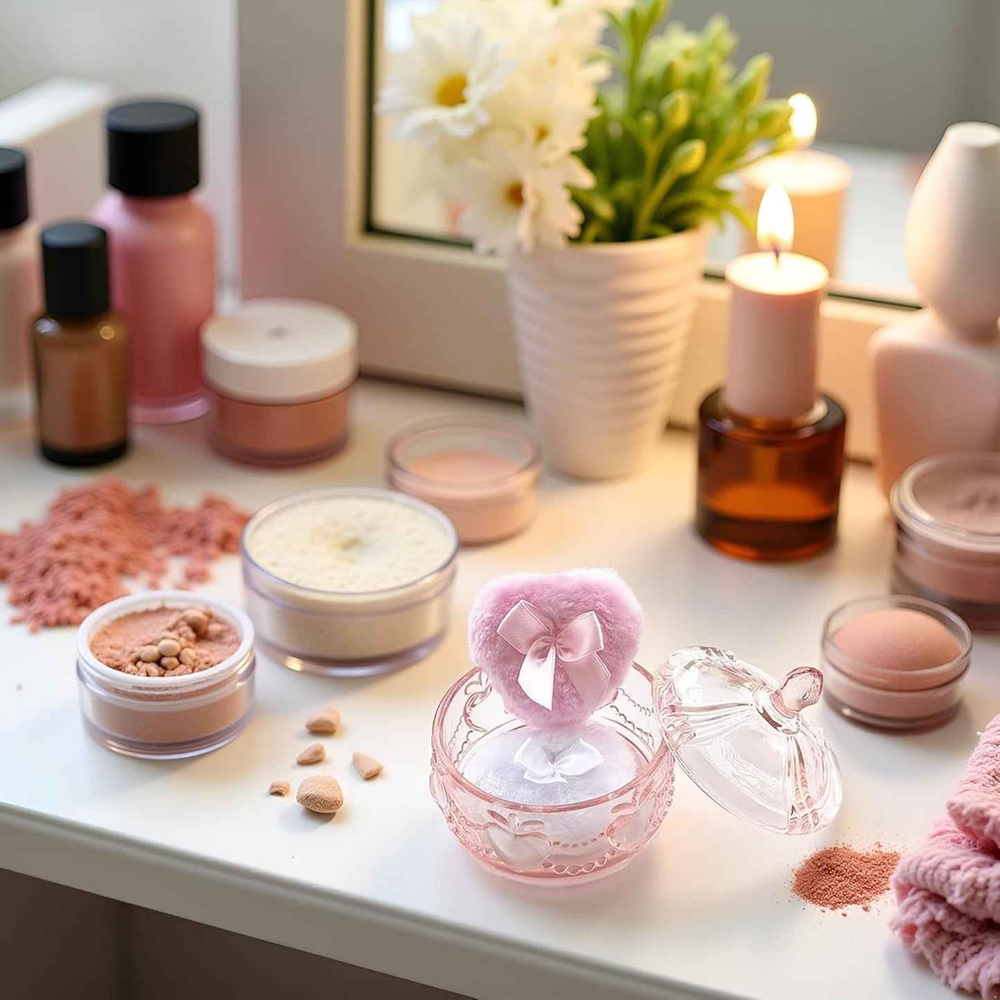 Body Powder Puff and Container - Glass Dusting Powder Container with 2 Soft Puffs Vintage Powder Puff Case for Women & Girls (3.93x3.93x4.13 H in) - GRB017-Pink-GlimoraGlow