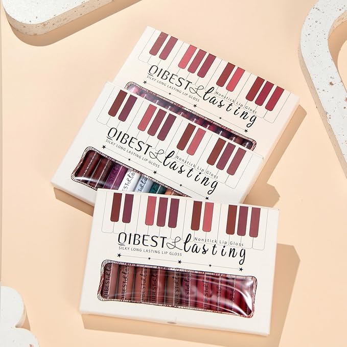 12Pcs Makeup Matte Lipstick Lip Kit, Warm Neutrals & Vintage Reds Non-Stick Cup Not Fade Liquid Lipstick Waterproof Long Lasting Durable Nude Lip Gloss Beauty Cosmetics Gift Box Makeup Set Kit-GlimoraGlow