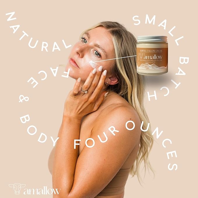Amallow 100% Grass Fed Beef Tallow for Skin Care - Face + Body - Whipped Moisturizer - Natural Lotion, 4 FL. oz. (Vanilla Latte)-GlimoraGlow