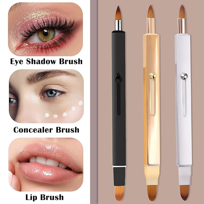 3 Pack Lip Brush for Lipstick Makeup Brushes Double-Ended Retractable Lip Brush with Cap Dustproof for Lipstick Gloss Creams Portable with Cap(Black + Gold + Silver)-GlimoraGlow
