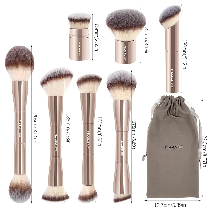 MAANGE 7pcs Makeup Brush Set Double Sided Kabuki Makeup Brushes Contour Brush for Foundation Liquid Powder Concealer Cream Cosmetics Bronzer Blending Blush Buffing Makeup Tools (Gold)-GlimoraGlow