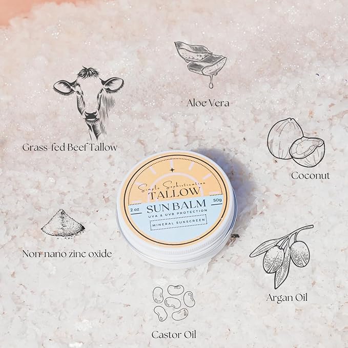 Tallow Sun Balm, tinted - with grassfed tallow, castor oil, zinc oxide | Mineral Sunscreen | Natural, Clean, Organic | Reef Safe, Ocean Friendly | Spf 30 - suitable for sensitive skin (2 oz) (Fair)-GlimoraGlow