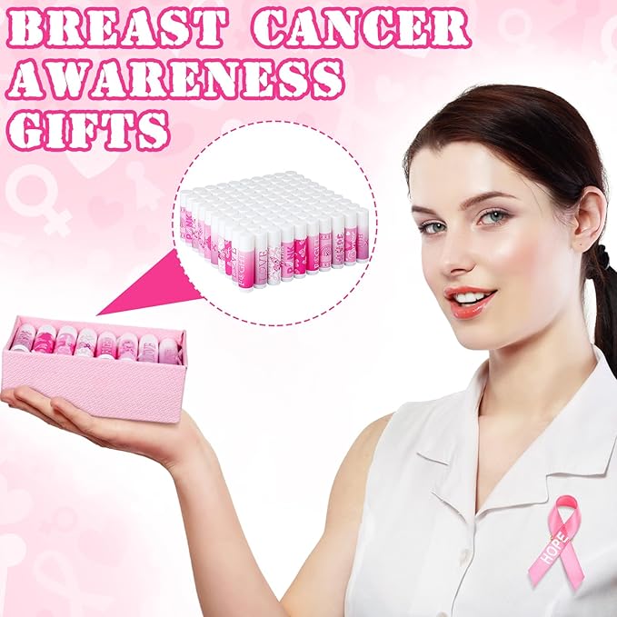 100 Set Pink Ribbon Breast Cancer Awareness Gifts Bulk, 100 Lip Balms, 100 Organza Gift Bags and 100 Tags Perfect for Charity Events, Survivors Awareness Campaigns-GlimoraGlow