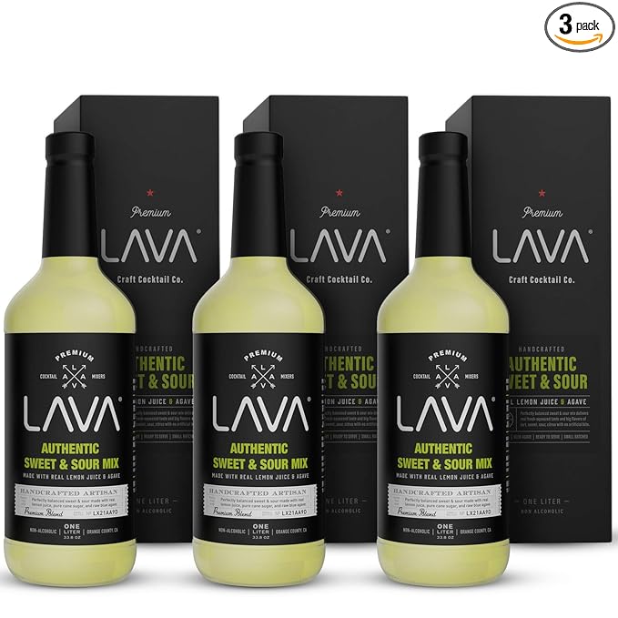 (3 Pack) LAVA Premium Authentic Sweet & Sour Mix, Made with Real Lemon Juice, Lime Juice, Raw Blue Agave, No Artificial Sweeteners. Whiskey Sour, Long Island Iced Tea, Lemon Drop. 33.8oz Glass Bottles-GlimoraGlow