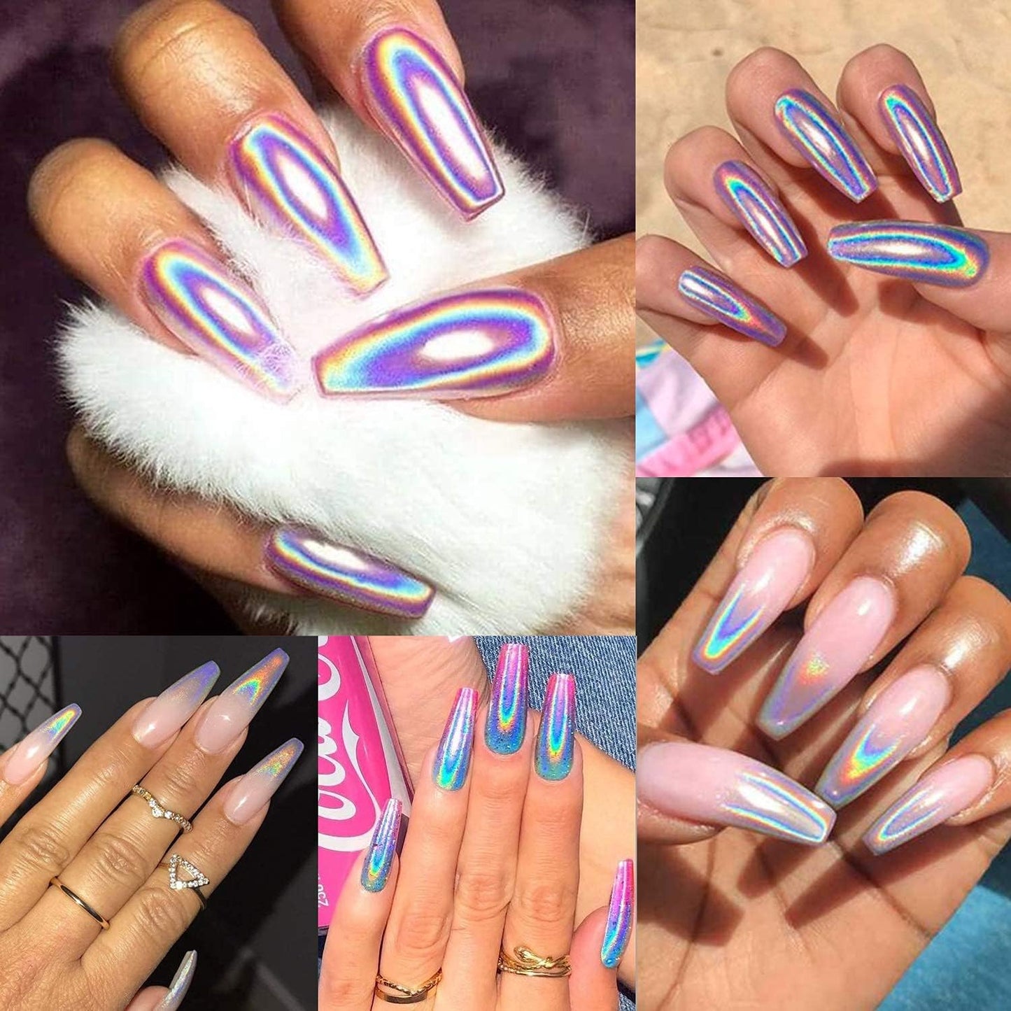 2 Jars Holographic Nail Powder Fine Rainbow Holo Mermaid Unicorn Mirror Laser Effect Multi Chrome Manicure Pigment Glitter Dust + 6PCS Sponge Tools for Salon Home Nail Art DIY Decroration-GlimoraGlow