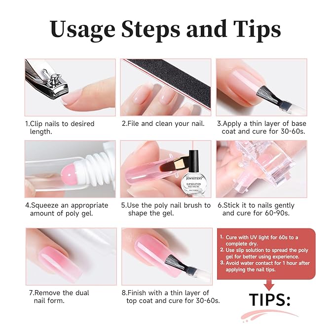 JEWHITENY Poly Nail Gel Set Clear Pink White Neutral Classic Color Poly Extension Gel With Base and Top Coat Slip Solution French Manicure for Home DIY Need U V Lamp Curing-GlimoraGlow
