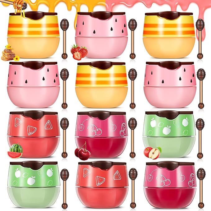 12 Pcs Bee Lip Balm Honey Pot with Brush Propolis Lip Mask Overnight, Moisturizing Hydrating Lip Sleeping Mask Prevention Dry and Cracked(Honey+Strawberry+Watermelon+Apple Lime+Cherry)-GlimoraGlow