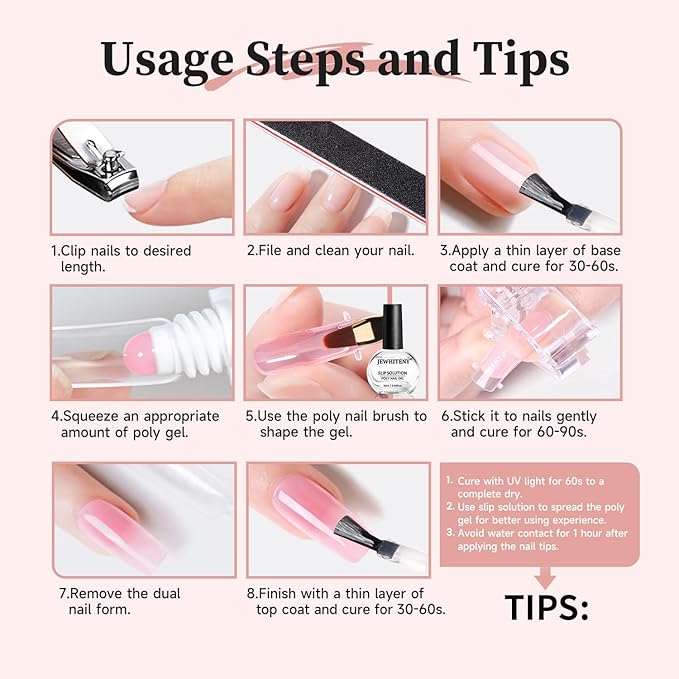 JEWHITENY Poly Extension Gel Nail Set Clear Pink Poly Nail Gel With Slip Solution Base Coat Top Coat French Manicure Need U V Lamp Curing for Finger Art and Home DIY-GlimoraGlow