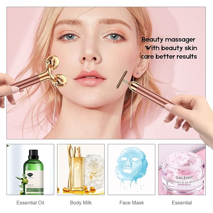 2-IN-1 Beauty Bar 24k Golden Pulse Facial Face Massager, Electric 3D Roller and T Shape Arm Eye Nose Head Massager Facial Roller Massager Kit Skin Care Tools-GlimoraGlow