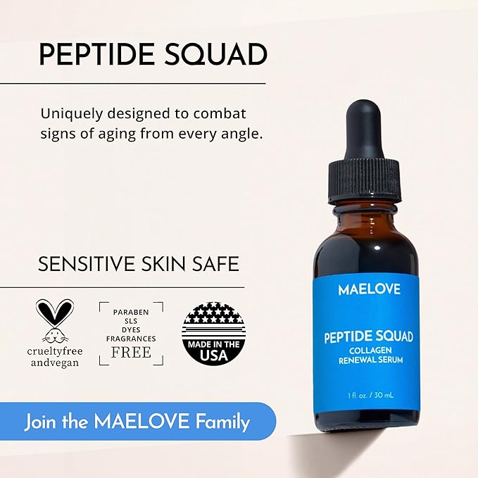 MAELOVE Peptide Squad Collagen Renewal Serum with Copper Peptides, Argireline, Matrixyl 3000 + Hyaluronic Acid and Niacinamide for Wrinkles, Fine Lines, and Skin Elasticity-GlimoraGlow