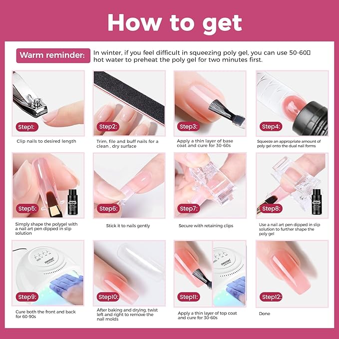 JEWHITENY 28 Colors Poly Nail Gel Kit with Base Top Coat Purple Blue Yellow Nude Pink Glitter Shades Quick-Dry for Beginners DIY Need U V Lamp Curing-GlimoraGlow