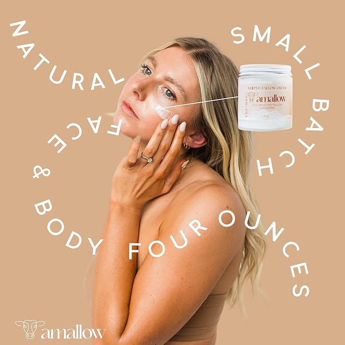 Amallow 100% Grass Fed Beef Tallow for Skin Care - Face + Body - Whipped Moisturizer for Sensitive Skin - Natural Lotion, 4 FL. oz. (Unscented)-GlimoraGlow