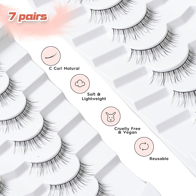 Lashes Short Eyelashes 10MM Natural Lashes Wispy Thin Band Strip Lashes Short Eyelashes Natural Look 3D Volume Lashes 7 Pair Fake Lashes Siligli-GlimoraGlow