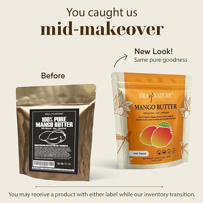 era of nature Organic Unrefined Raw Mango Body Butter Block 16oz - Moisturizing Mango Seed Raw Butter Bar for Skin & Hair, DIY Lip Balm Base, Cream, Soap & Lotion Making Supplies, Personal Skincare-GlimoraGlow