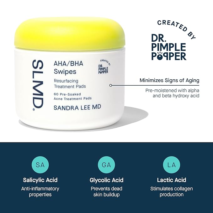 SLMD by Dr. Pimple Popper - AHA BHA Toner Pads Swipes, Salicylic Acid, Glycolic Acid & Lactic Acid - Daily Resurfacing Pads for Face & Body - Facial Exfoliating Pads Resurface, Treat, and Prevent Acne-GlimoraGlow