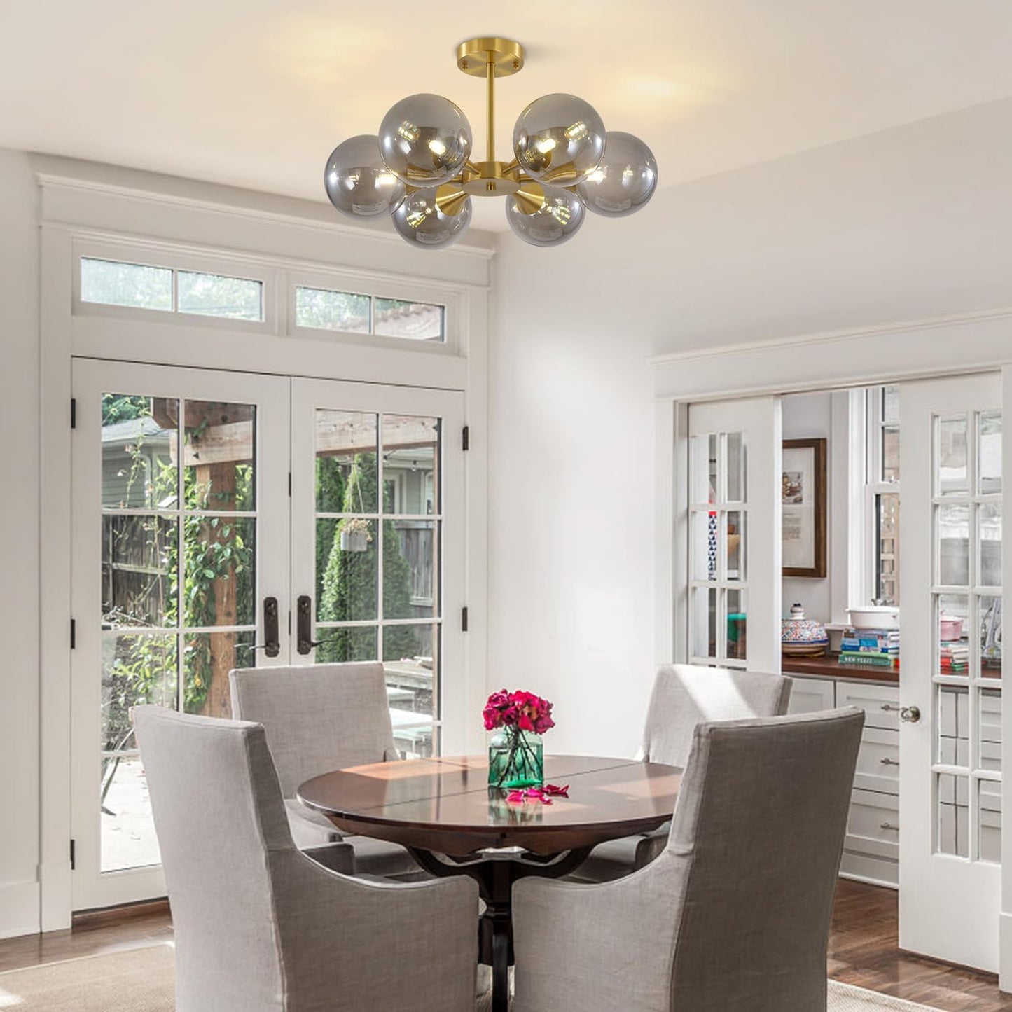 KCO 6-Lights Mid Century Modern Globe Ceiling Light Gold Sputnik Chandelier Smoke Gray Glass, Home Office