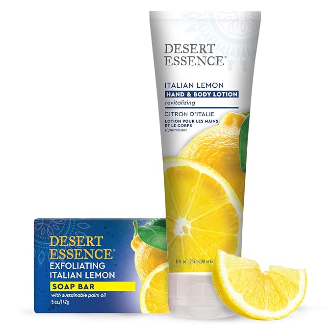 Desert Essence Italian Lemon Hand & Body Lotion - 8 Fl Ounce - Energizing - Shea Butter - Coconut & Jojoba Oil - Hydrate & Soften Skin - Refreshing - Aloe Vera-GlimoraGlow