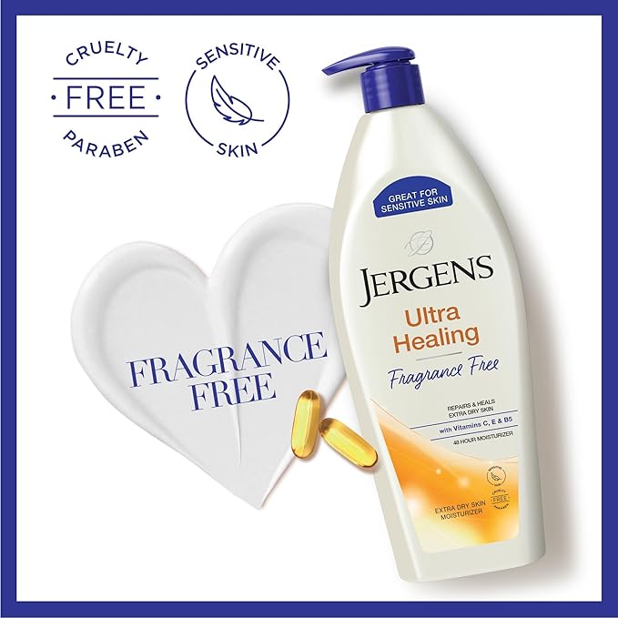 Jergens Ultra Healing Dry Skin Lotion, Hand and Body Moisturizer for Quick Absorption into Extra Dry Skin with Hydralucence Blend, Vitamins C, E and B5, White, 21 oz-GlimoraGlow