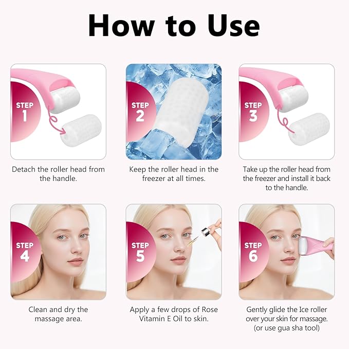 Ice Roller for Face & Eye, Vitamin E Rose Oil & Gua Sha Set, Gua Sha Oil for Face & Body, Reduces Puffiness Relieves Migraines Skin Care Tools, Facial Massager Tool & Self Care Gifts for Women-GlimoraGlow