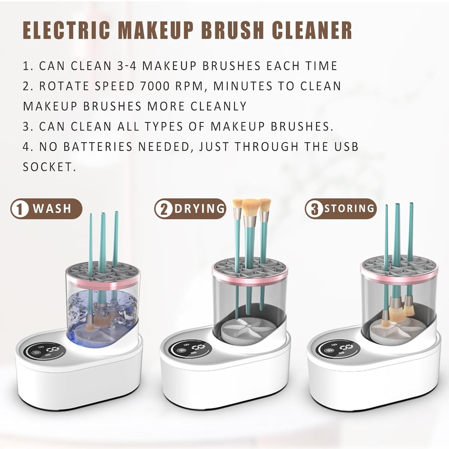3 IN 1 Electric Makeup Brush Cleaner, Electric Cleaning and Quick Drying Makeup Brushes for Lazy Families, Automatic Makeup Brush Cleaning Tool with Drying Function for Makeup Brushes-GlimoraGlow