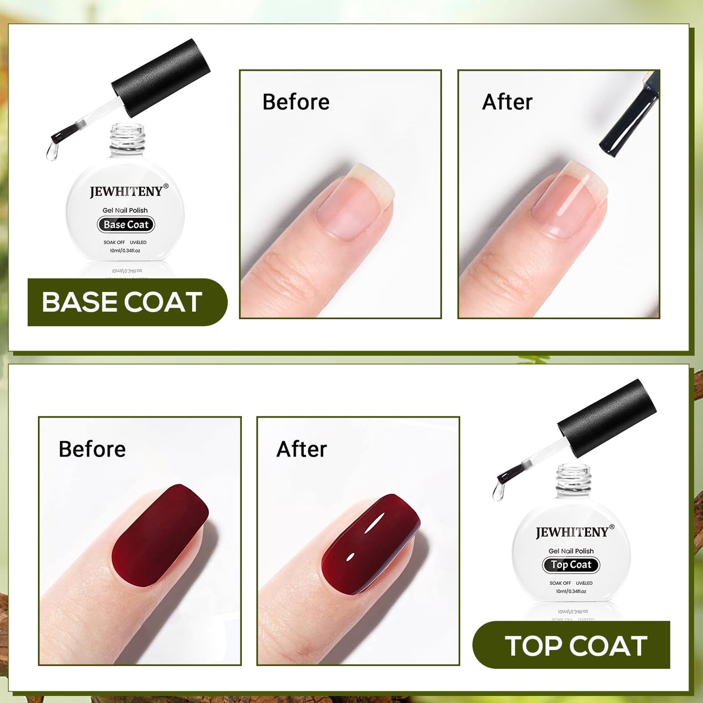 JEWHITENY 2 Bottles 10ML Gel Top Coat and Base Coat Set Gel Polish Long Lasting Glossy Shine Effect DIY Nail Art Design Need U V Lamp Curing-GlimoraGlow