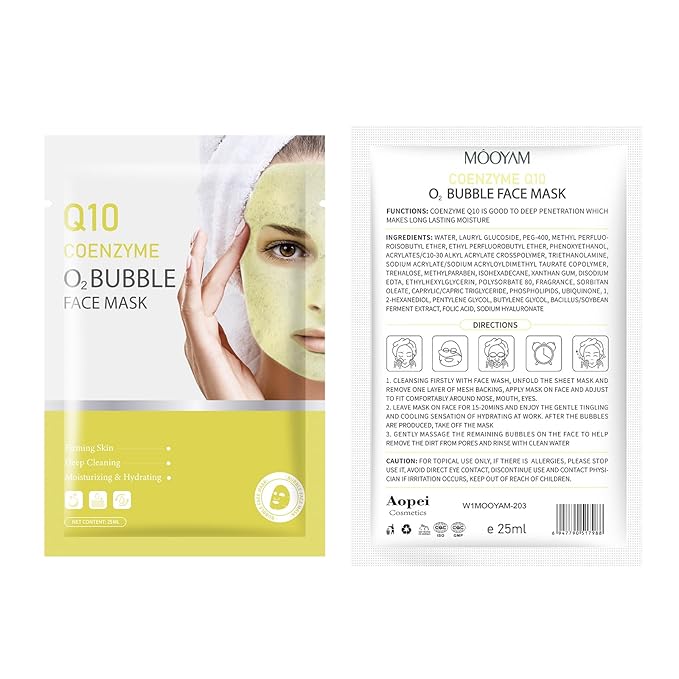 10 Sheets Coenzyme Q10 O2 Bubble Masks for Face, Bubble Face Mask Skincare for All Skin Types, Deep Cleansing Moisturizing Facial Mask Skin Care for Pores, Firming, Purifying, Sheet Masks for Spa-GlimoraGlow