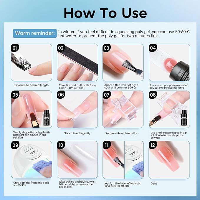 JEWHITENY Poly Nail Gel Kit 14 Colors Purple Nude Grey Black Blue Glitter Tones Starter Kit with UV Lamp Matte & Glossy Top & Base Coat All-in-One Designs DIY At Home-GlimoraGlow