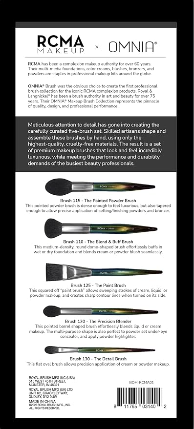 RCMA Makeup x Omnia Professional Makeup Brush 5pc Set, Premium Synthetic Fiber, Iridescent Acrylic Handle, Face Powders, Complexion and Foundation Blending Application Brush set.-GlimoraGlow