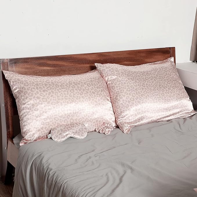 2 Pack Satin Pillowcase with Latent Zipper, Adjustable Satin Eye Mask for Sleeping and Satin Volume Scrunchie for Hair and Skin, Standard Size (Pink, Leopard Style)-GlimoraGlow