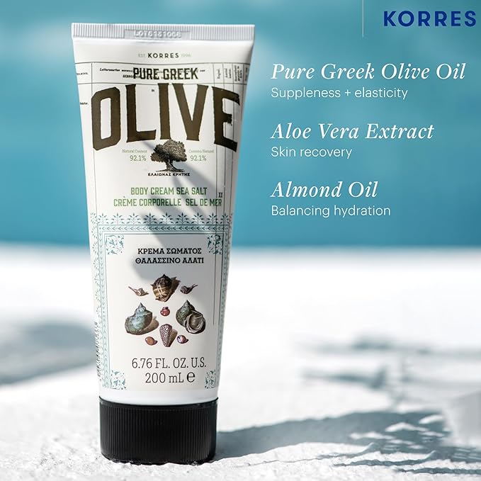 KORRES Olive Body Lotion for Dry Skin, Moisturizer Cream with Vitamin E, Aloe and Pure Greek Olive Oil for Body Care, Hydrating and Nourishing for Smooth, Supple Skin, Sea Salt Scented, 6.76 fl oz-GlimoraGlow