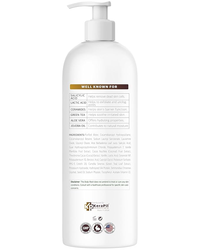 Exfoliating Body Wash with Salicylic Acid - No Dry Out, Gentle Exfoliates Rough and Bumpy Skin, Body Acne Wash, BHA & AHA - Coconut and Vanilla with Salicylic Acid - (16 fl oz)-GlimoraGlow