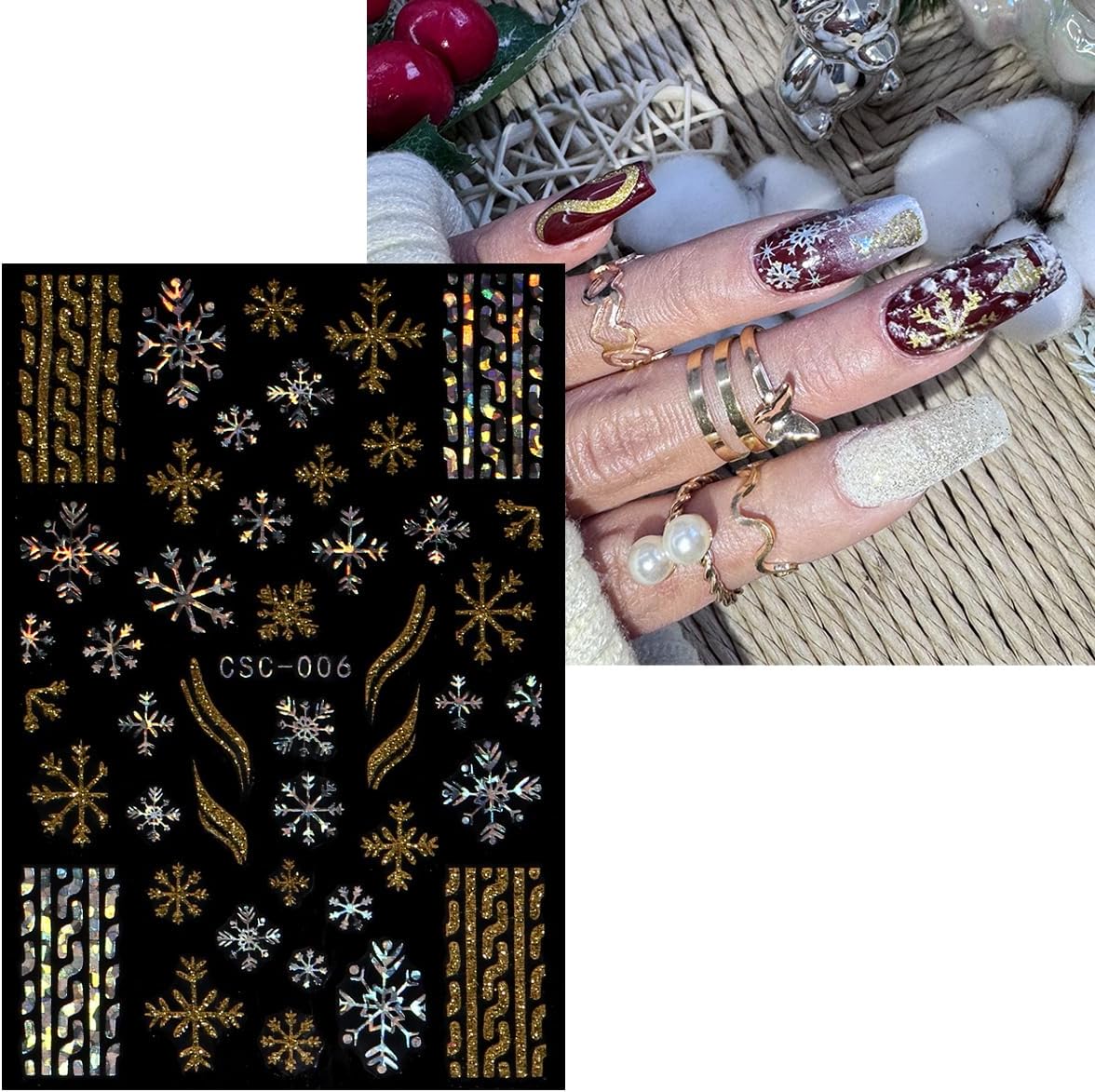 JMEOWIO 8 Sheets Christmas Gold Glitter Silver Nail Art Stickers Decals Self-Adhesive Snowflake Winter Holiday Nail Supplies Nail Art Design Decoration Accessories-GlimoraGlow