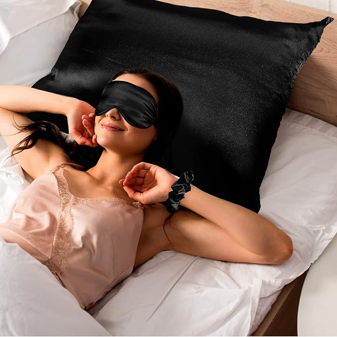 2 Pack Satin Pillowcase with Latent Zipper, Adjustable Satin Eye Mask for Sleeping and Satin Volume Scrunchie for Hair and Skin, Standard Size (Classic Style, Black)-GlimoraGlow