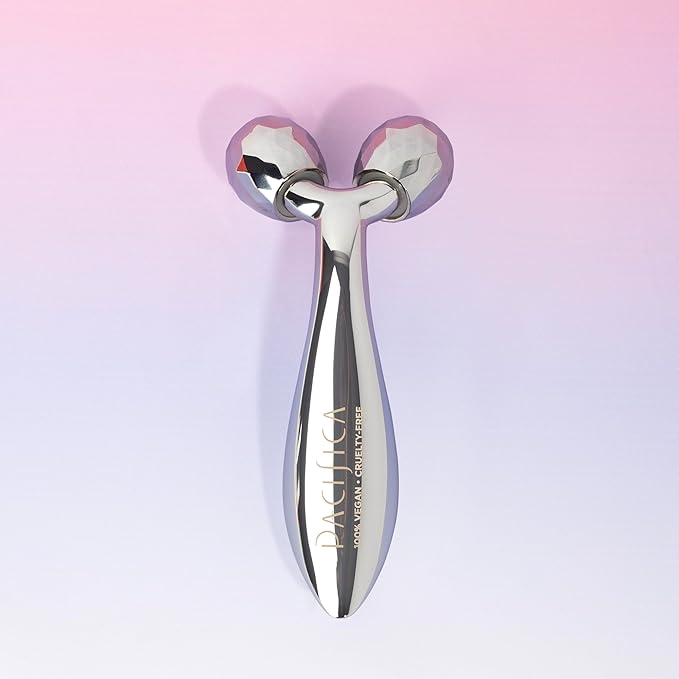 Pacifica Future Youth Stainless Steel Face Roller – Cooling Dual Gua Sha Facial Massager for Sculpting, Contouring & De-Puffing – Anti-Aging Skin Care Tool for Wrinkles & Fine Lines Lymphatic Drainage-GlimoraGlow