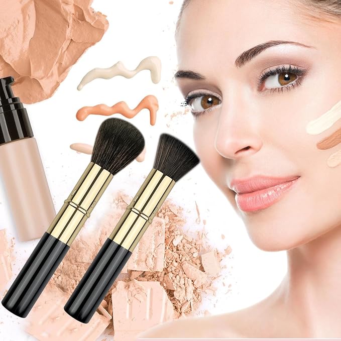 Retractable Kabuki Makeup Brushes 2 Pcs, Powder Brush/Foundation Brush/Blush Brush for Foundation, Powder Blush, Bronzer, Buffing, Liquid, Cream, with Cover-GlimoraGlow