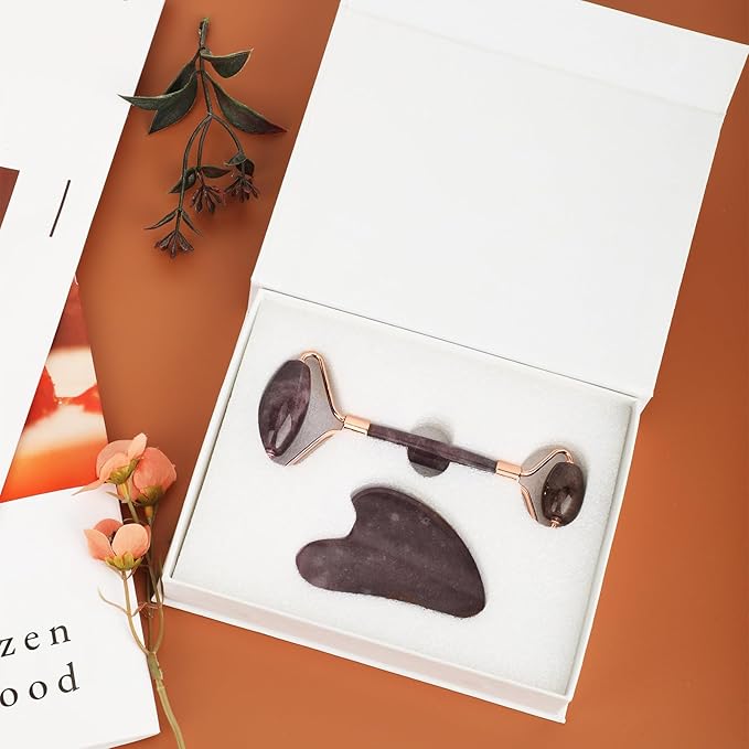 Jade Roller for Face, Facial Roller Massager Skin Care Tool, Gua Sha Facial Tools for Face, Neck, Eyes, Reduce Puffiness of The Skin(Purple)-GlimoraGlow