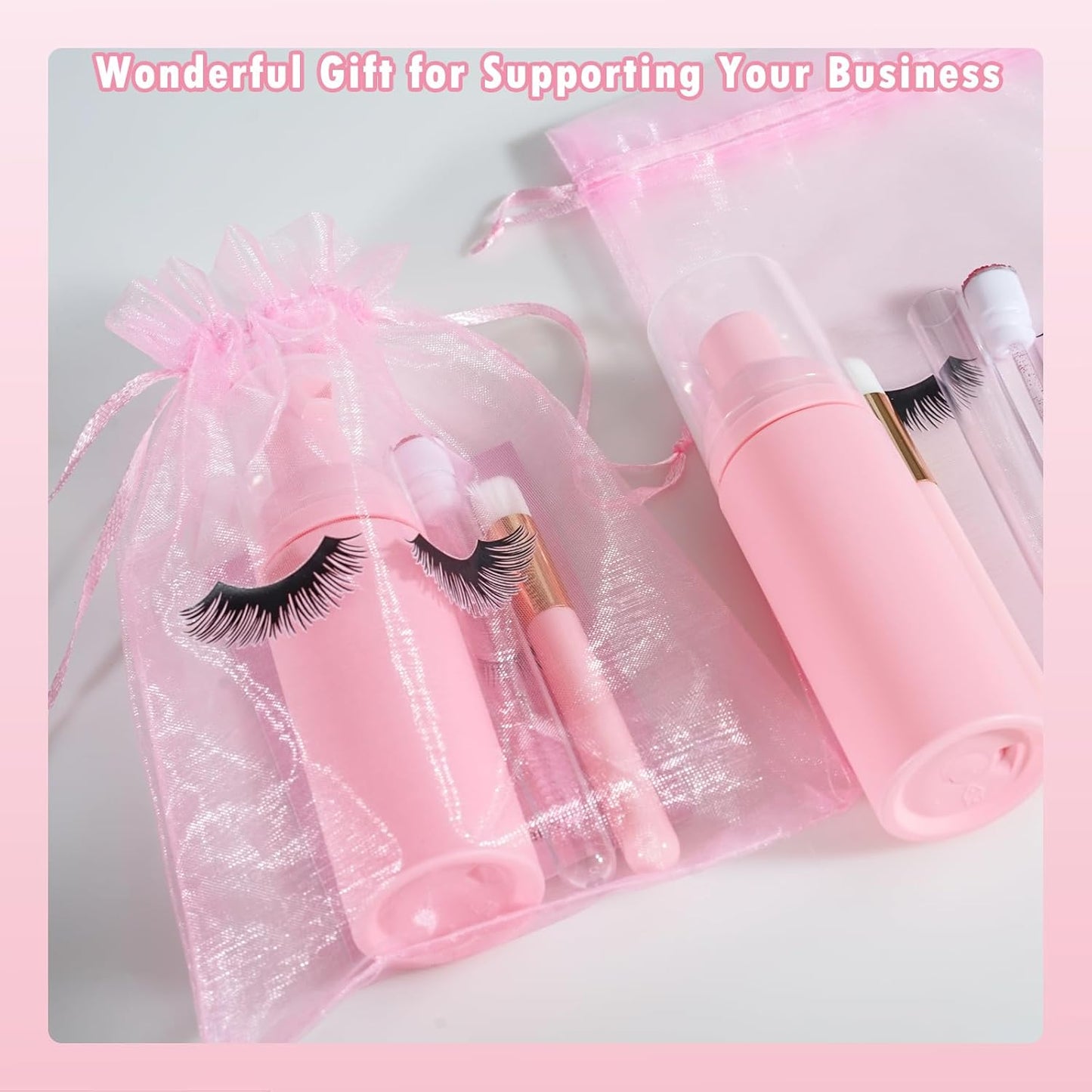 50PCS Lash Shampoo Bottles Brushes Set, Empty Lash Shampoo Bottle, Lash Cleaning Brush, Eyelash Extension Tube Brush, Instructions Cards, Aftercare Bags for Lash Business Clients (50pcs in pink)-GlimoraGlow