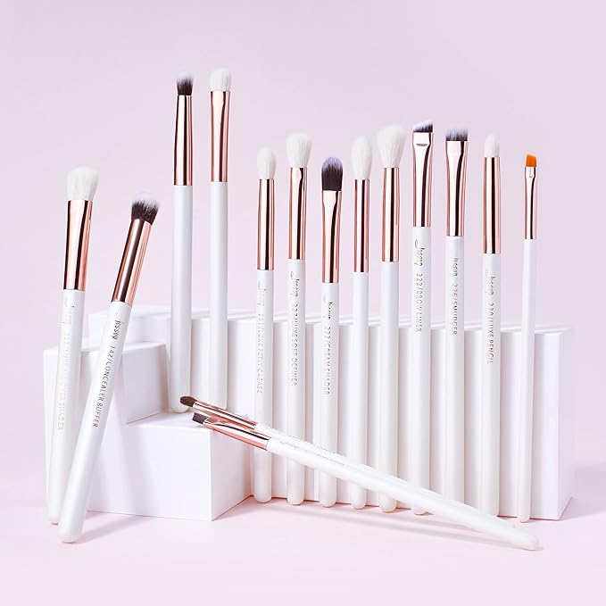 Jessup Eye Makeup Brush Set Professional 15pcs White/Rose Gold Premium Natural-synthetic Eye Shadow Blending Concealer Eye & Brow Liner Brushes, T217-GlimoraGlow